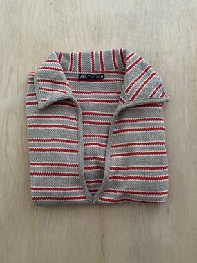 Zara Striped V‑Neck Knit Polo in Beige and Red